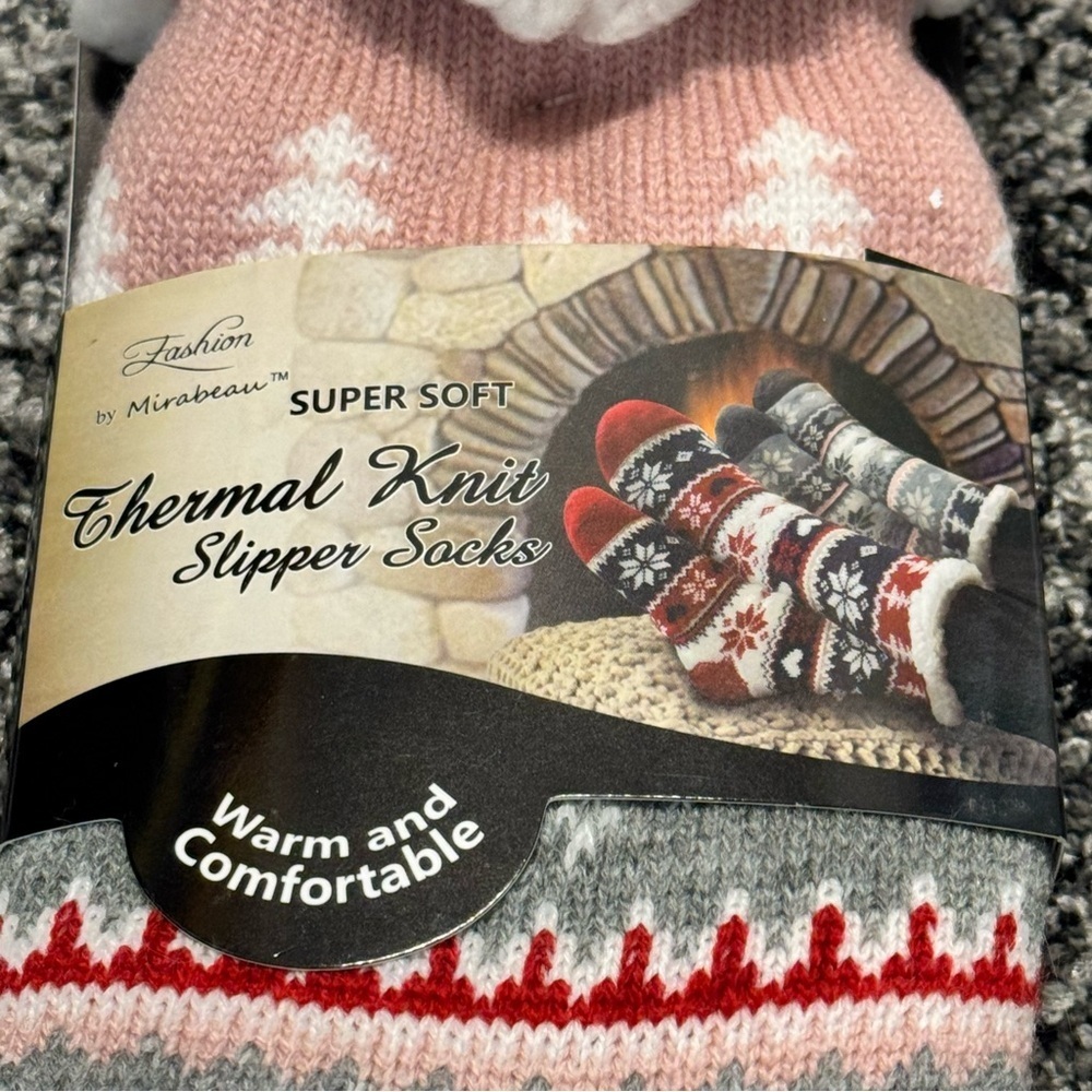 5/$25 Thermal Knit Slipper Socks in Pink and Gray - Picture 2 of 5